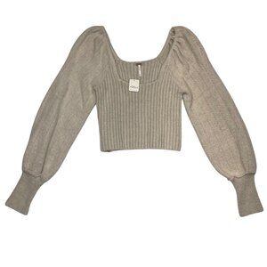 Free People Katie Sand Brushed Knit square neck puff sleeve Pullover Women’s XL
